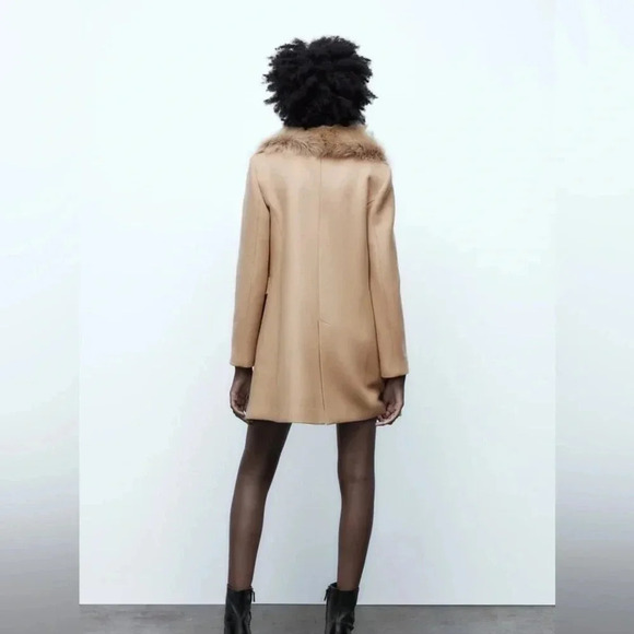 Zara Manteco Premium Wool Blend Tailored Camel Faux Fur Collar Coat - Picture 10 of 10